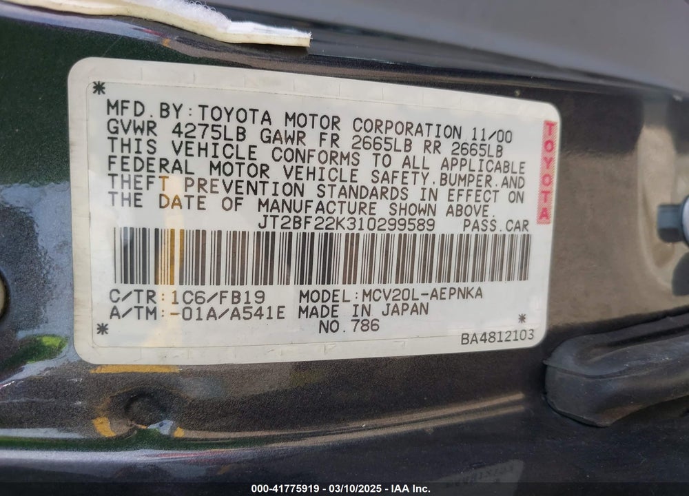 2001 TOYOTA CAMRY VIN: JT2BF22K310299589