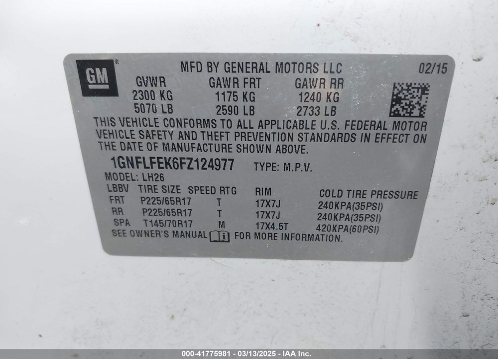 2015 CHEVROLET EQUINOX VIN: 1GNFLFEK6FZ124977