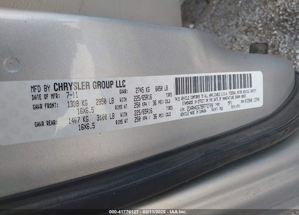 2011 DODGE GRAND CARAVAN VIN: 2D4RN4DG7BR772708
