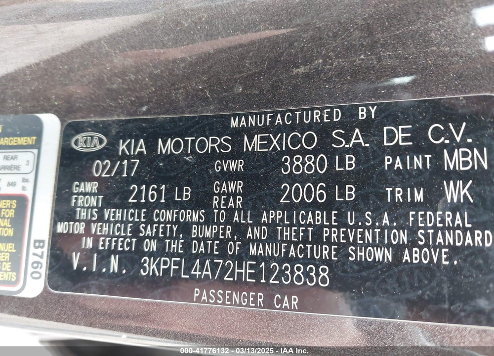 2017 KIA FORTE VIN: 3KPFL4A72HE123838