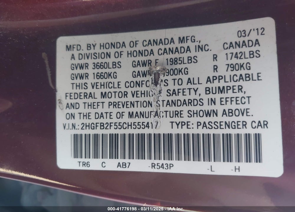 2012 HONDA CIVIC VIN: 2HGFB2F55CH555417