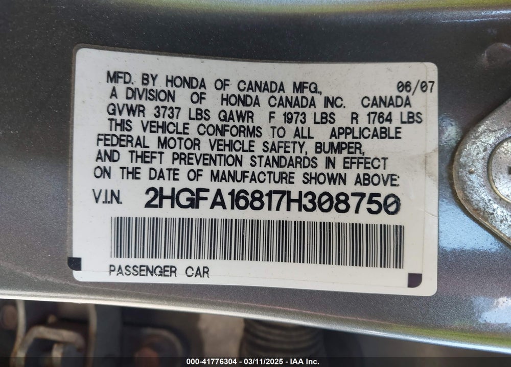 2007 HONDA CIVIC EX VIN: 2HGFA16817H308750