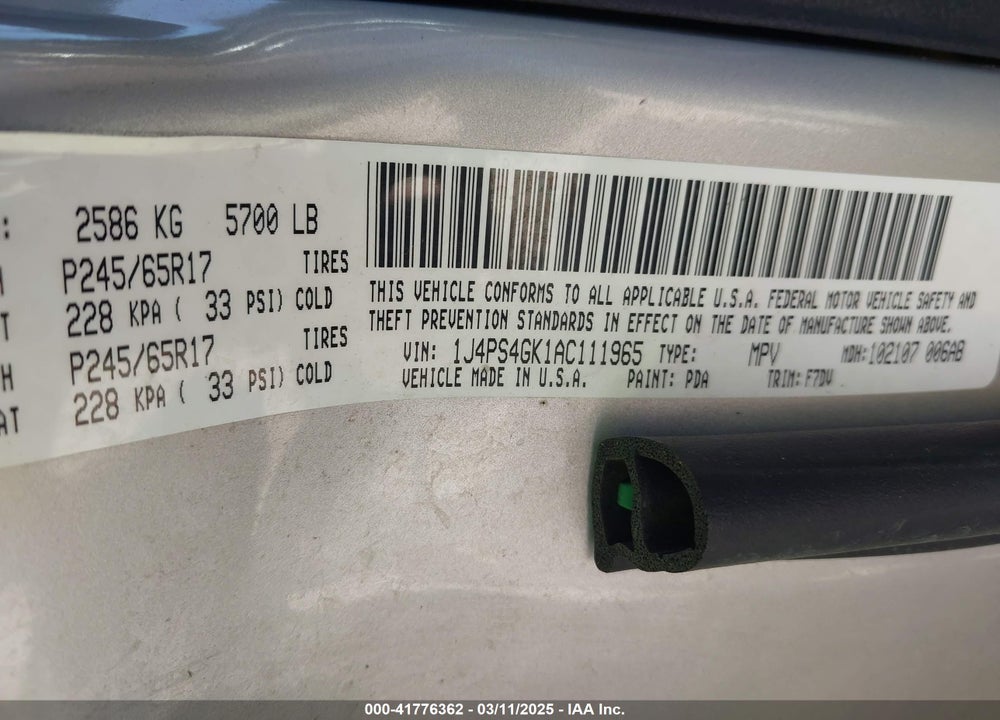 2010 JEEP GRAND CHEROKEE VIN: 1J4PS4GK1AC111965