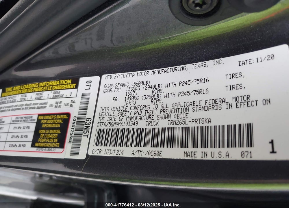 2021 TOYOTA TACOMA SR VIN: 5TFAX5GN9MX193549