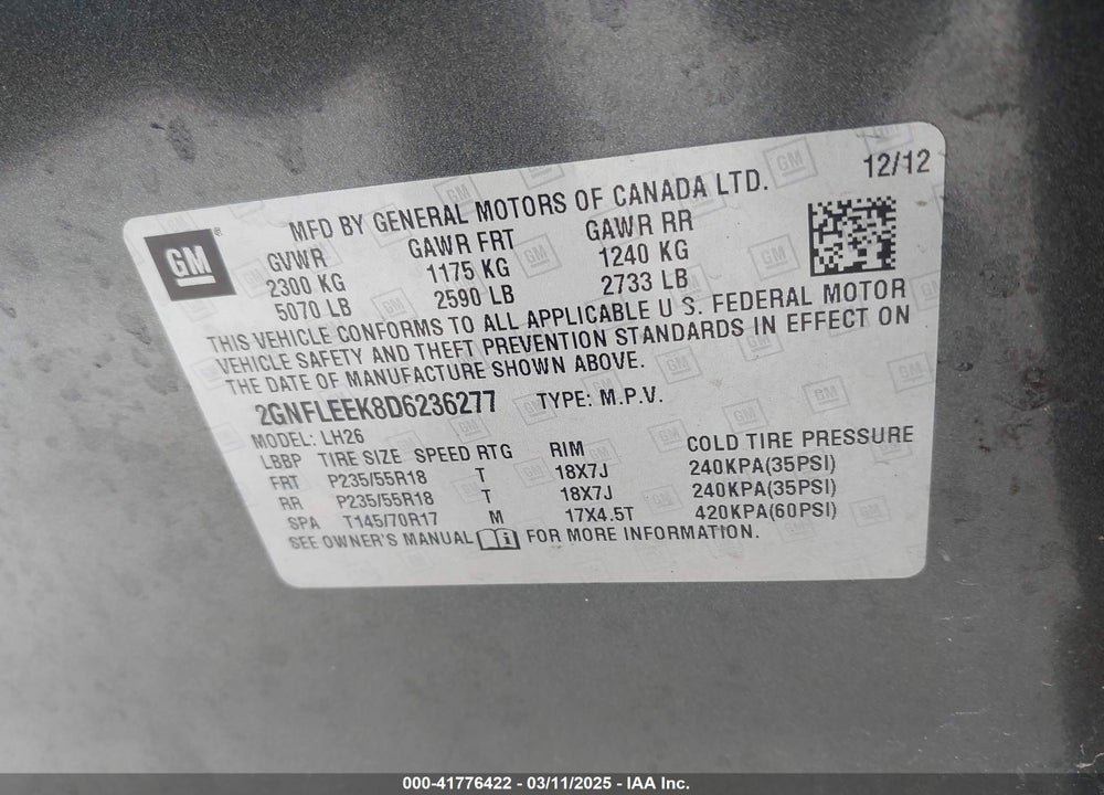 2013 CHEVROLET EQUINOX 1LT VIN: 2GNFLEEK8D6236277