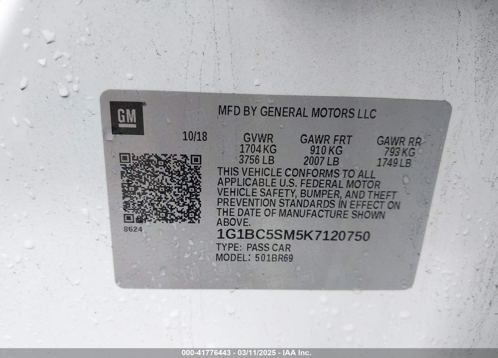 2019 CHEVROLET CRUZE VIN: 1G1BC5SM5K7120750