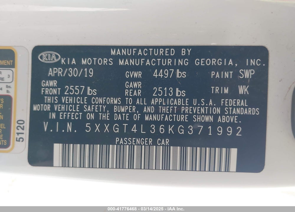 2019 KIA OPTIMA VIN: 5XXGT4L36KG371992