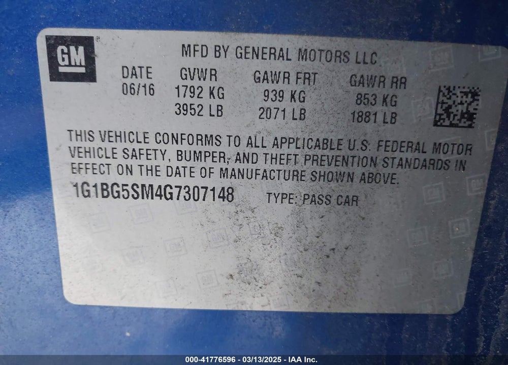 2016 CHEVROLET CRUZE PREMIER AUTO VIN: 1G1BG5SM4G7307148