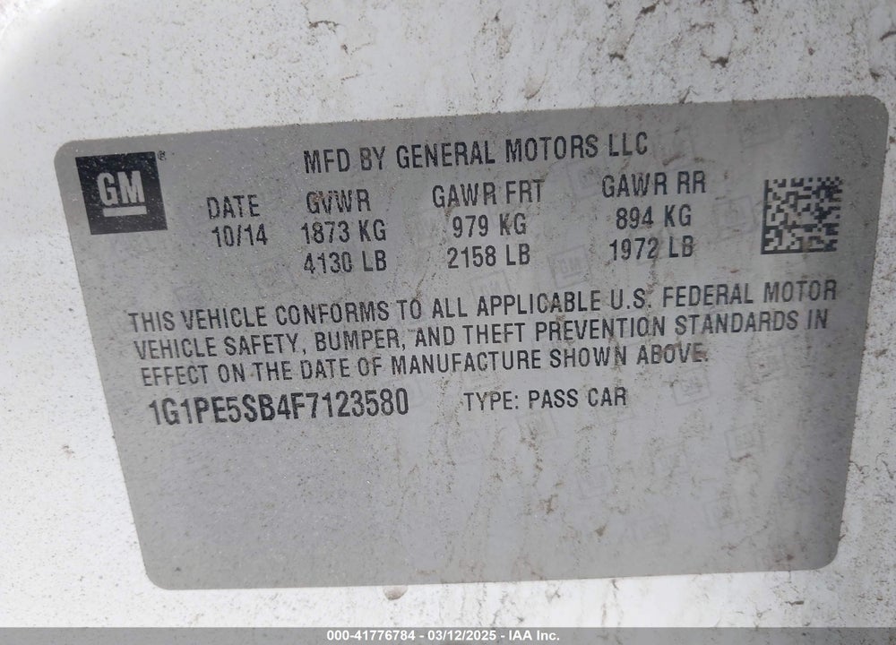 2015 CHEVROLET CRUZE 2LT AUTO VIN: 1G1PE5SB4F7123580