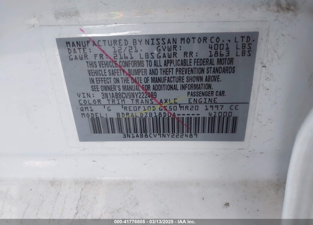 2022 NISSAN SENTRA VIN: 3N1AB8CV9NY222489