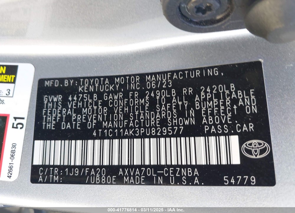 2023 TOYOTA CAMRY VIN: 4T1C11AK3PU829577