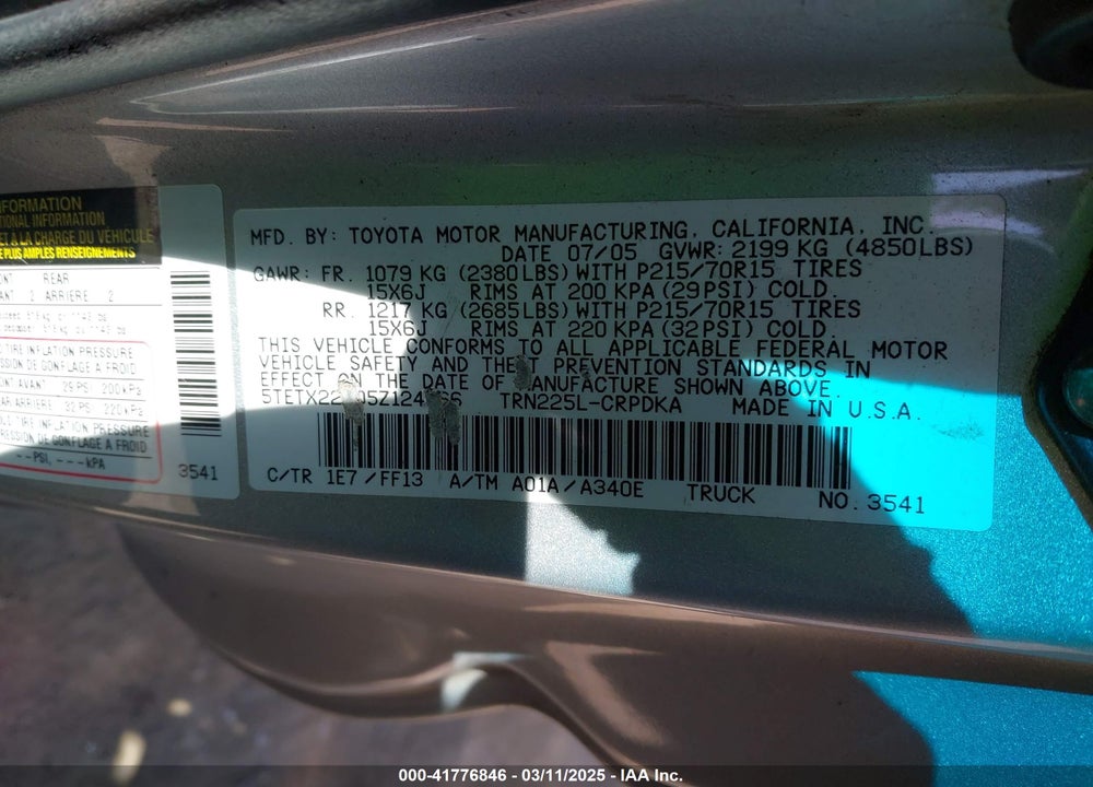 2005 TOYOTA TACOMA VIN: 5TETX22N05Z124466