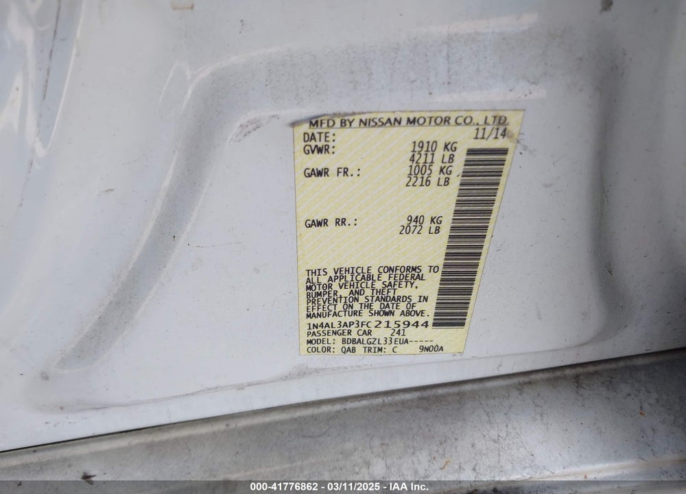 2015 NISSAN ALTIMA VIN: 1N4AL3AP3FC215944