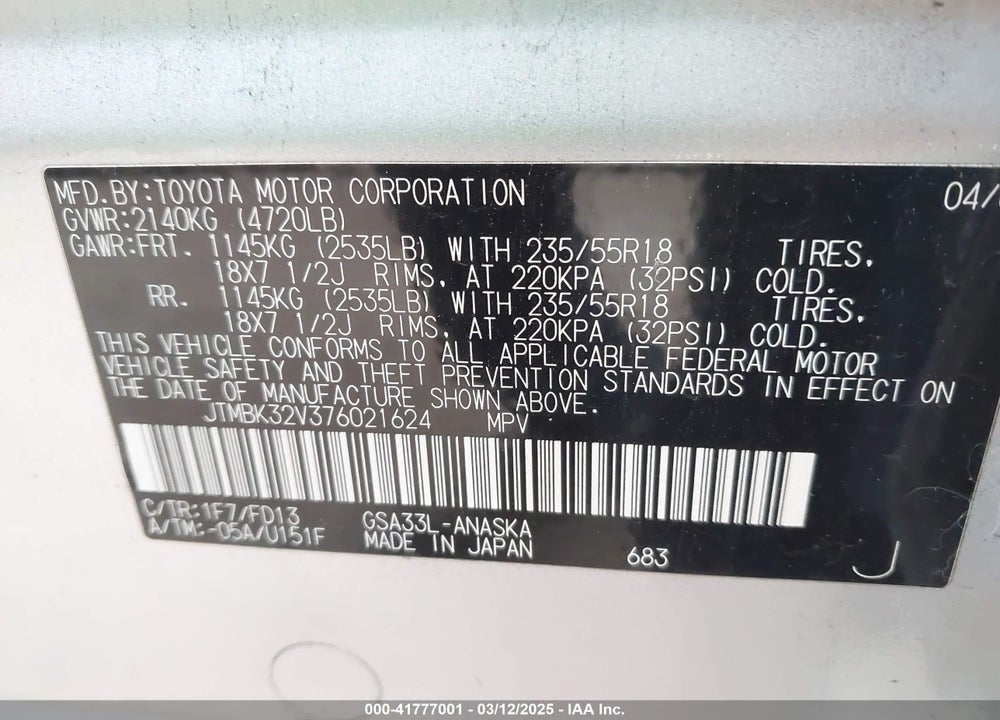 2007 TOYOTA RAV4 VIN: JTMBK32V376021624