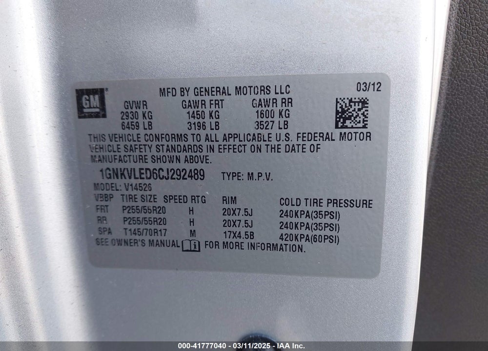 2012 CHEVROLET TRAVERSE VIN: 1GNKVLED6CJ292489