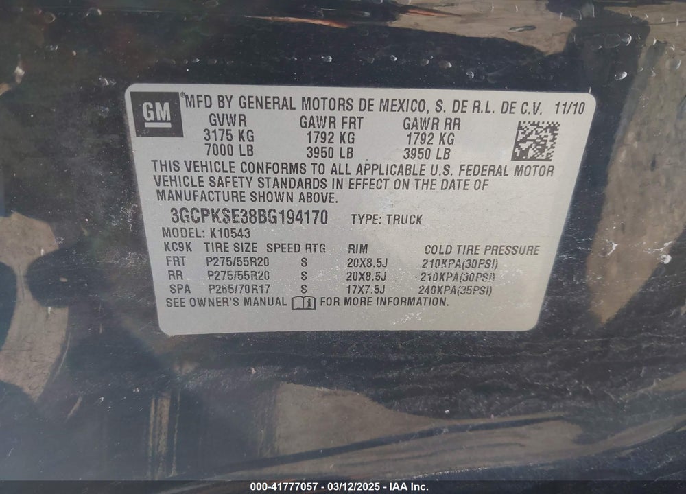 2011 CHEVROLET SILVERADO 1500 LT VIN: 3GCPKSE38BG194170