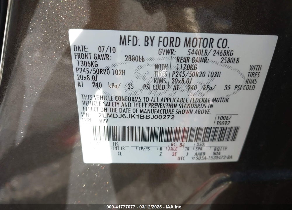 2011 LINCOLN MKX VIN: 2LMDJ6JK1BBJ00272