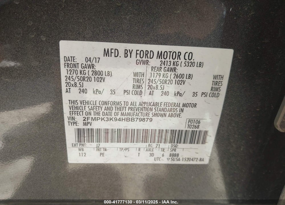 2017 FORD EDGE VIN: 2FMPK3K94HBB79879
