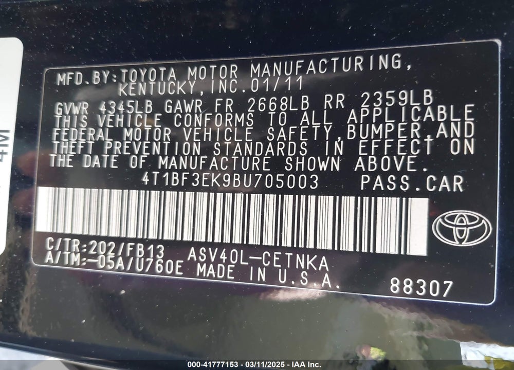 2011 TOYOTA CAMRY LE VIN: 4T1BF3EK9BU705003
