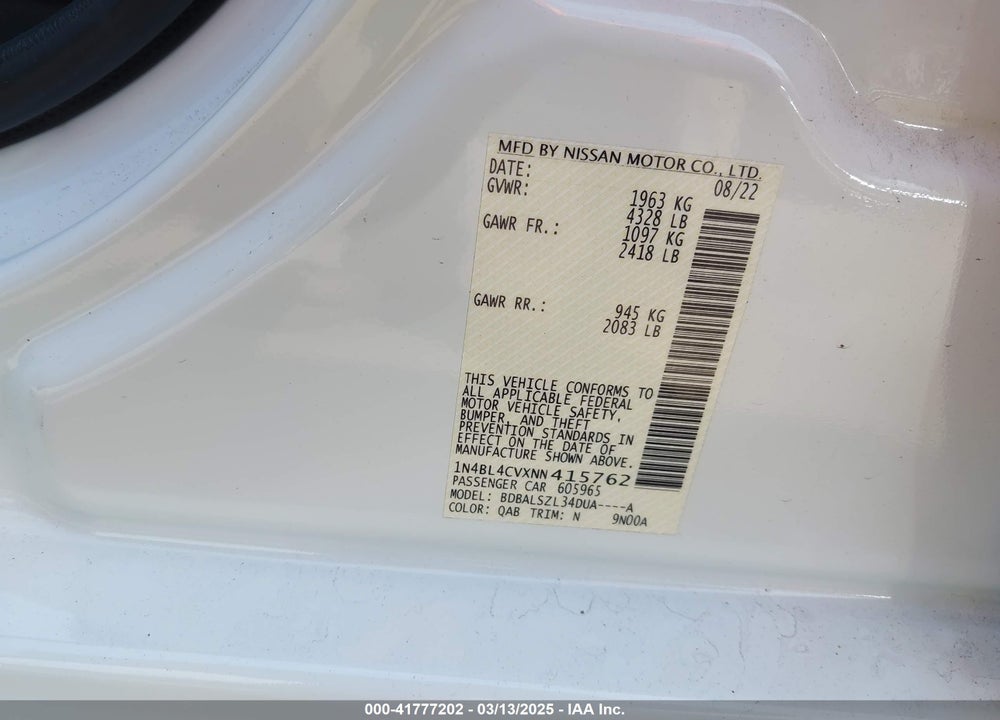 2022 NISSAN ALTIMA VIN: 1N4BL4CVXNN415762