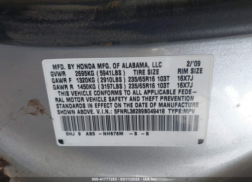 2009 HONDA ODYSSEY LX VIN: 5FNRL38289B049418