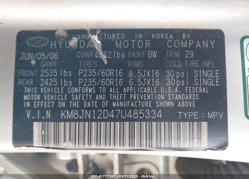 2007 HYUNDAI TUCSON VIN: KM8JN12D47U485334