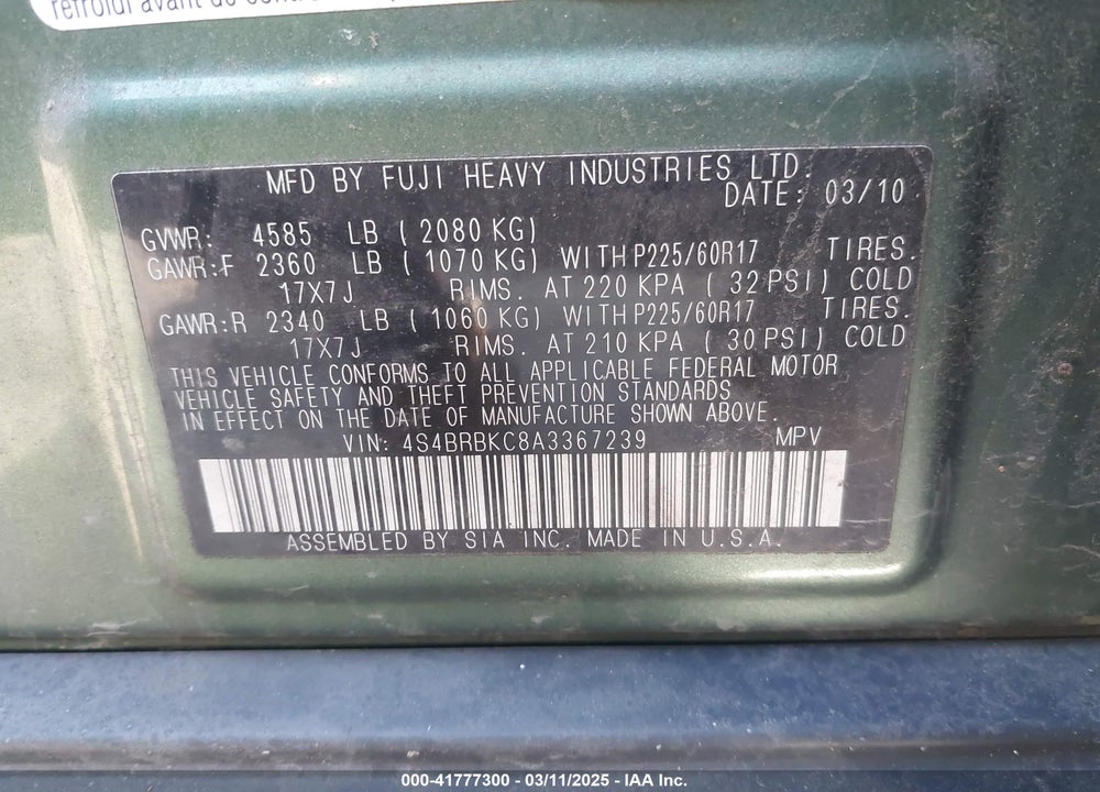 2010 SUBARU OUTBACK VIN: 4S4BRBKC8A3367239
