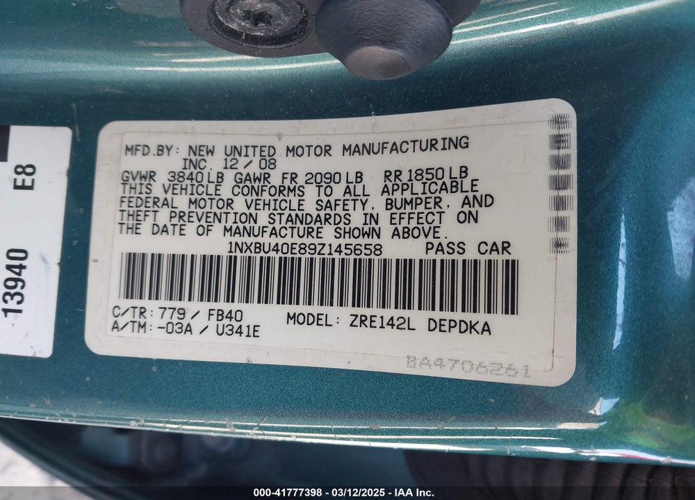 2009 TOYOTA COROLLA VIN: 1NXBU40E89Z145658