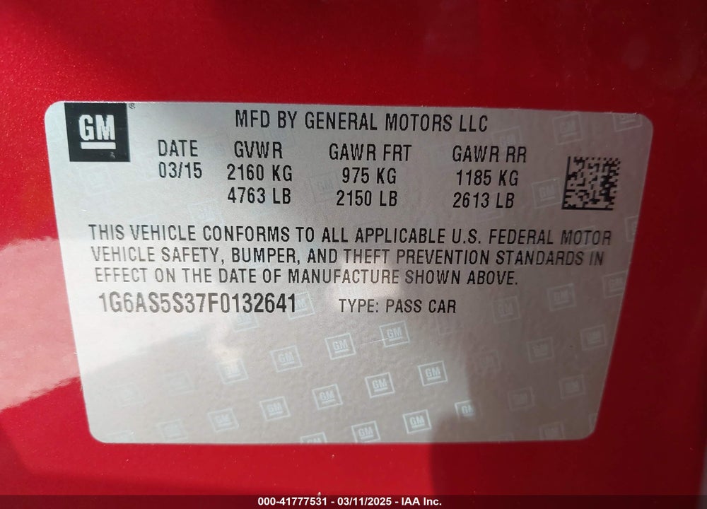 2015 CADILLAC CTS VIN: 1G6AS5S37F0132641