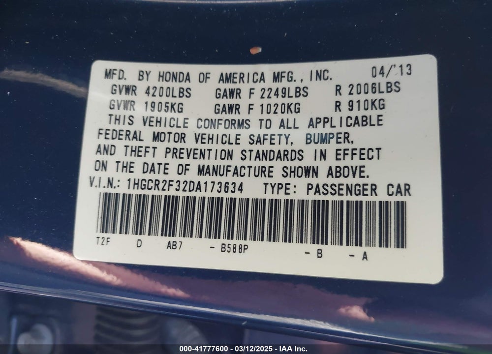 2013 HONDA ACCORD VIN: 1HGCR2F32DA173634