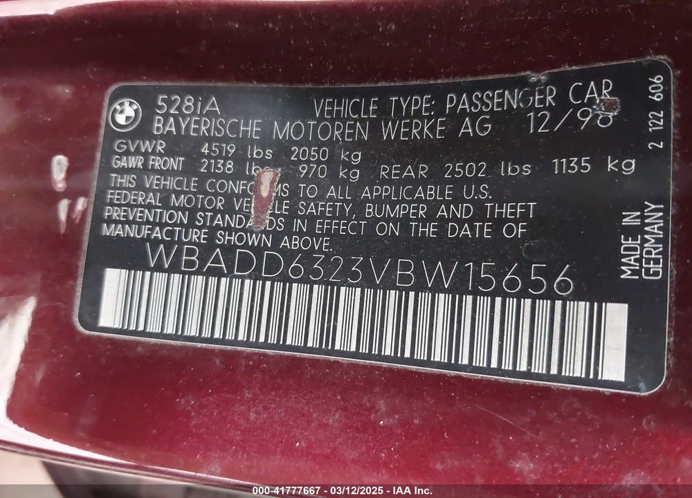 1997 BMW 528I VIN: WBADD6323VBW15656