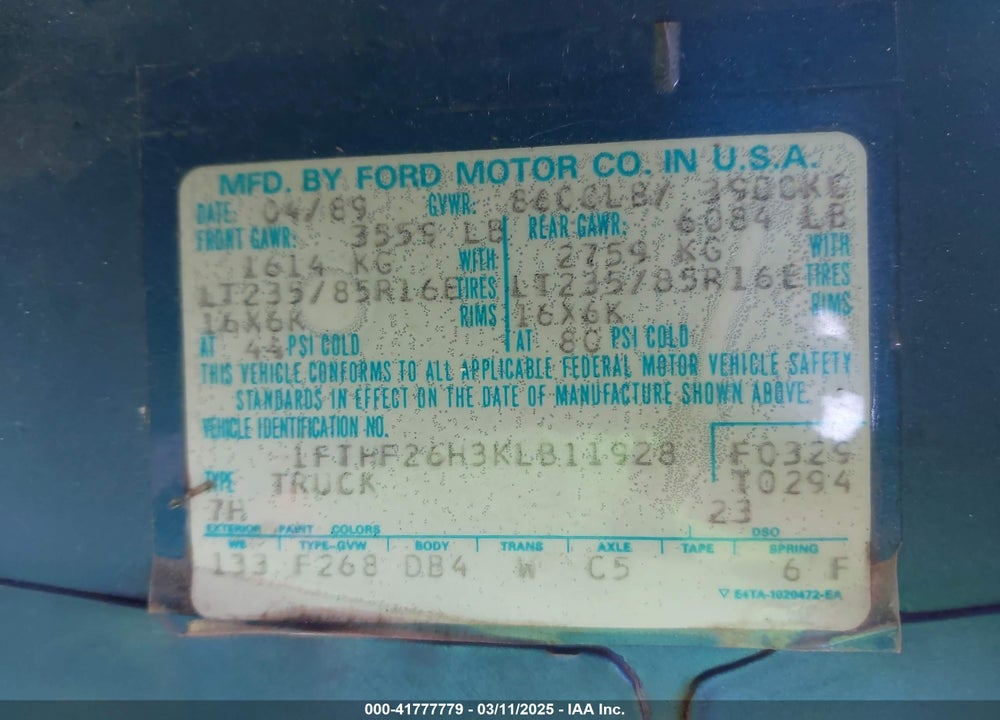 1989 FORD F250 VIN: 1FTHF26H3KLB11928