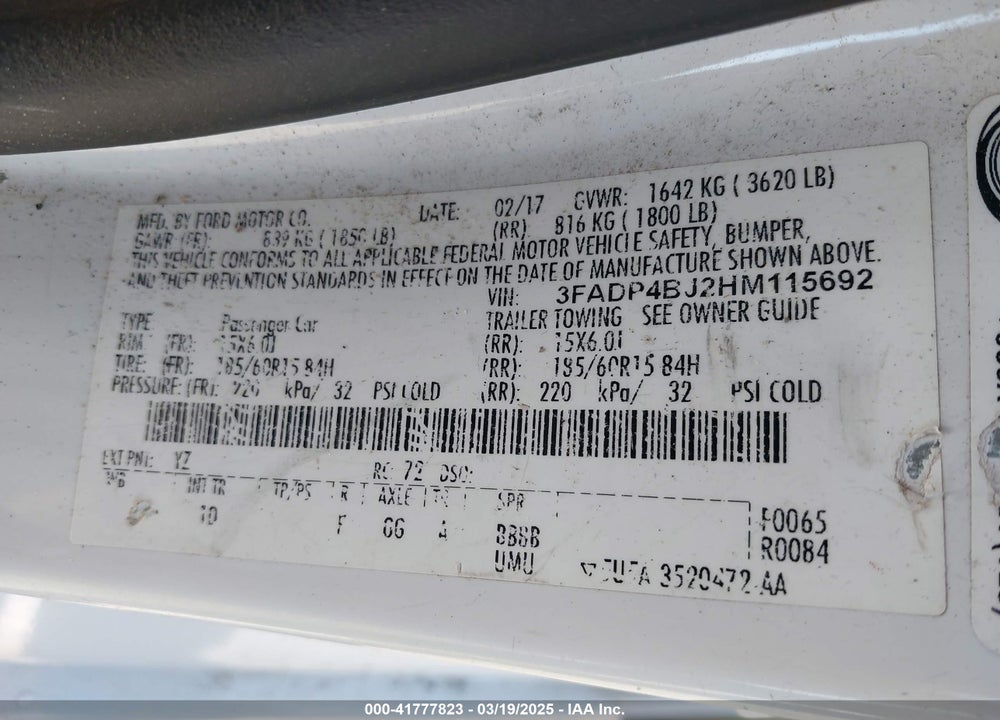 2017 FORD FIESTA VIN: 3FADP4BJ2HM115692