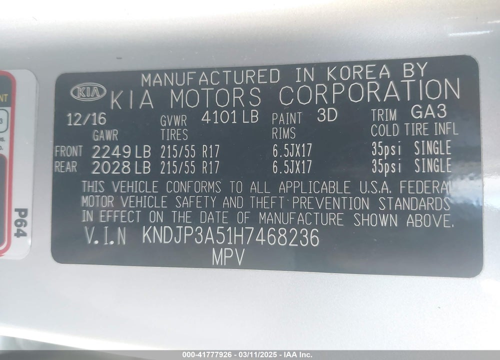 2017 KIA SOUL VIN: KNDJP3A51H7468236