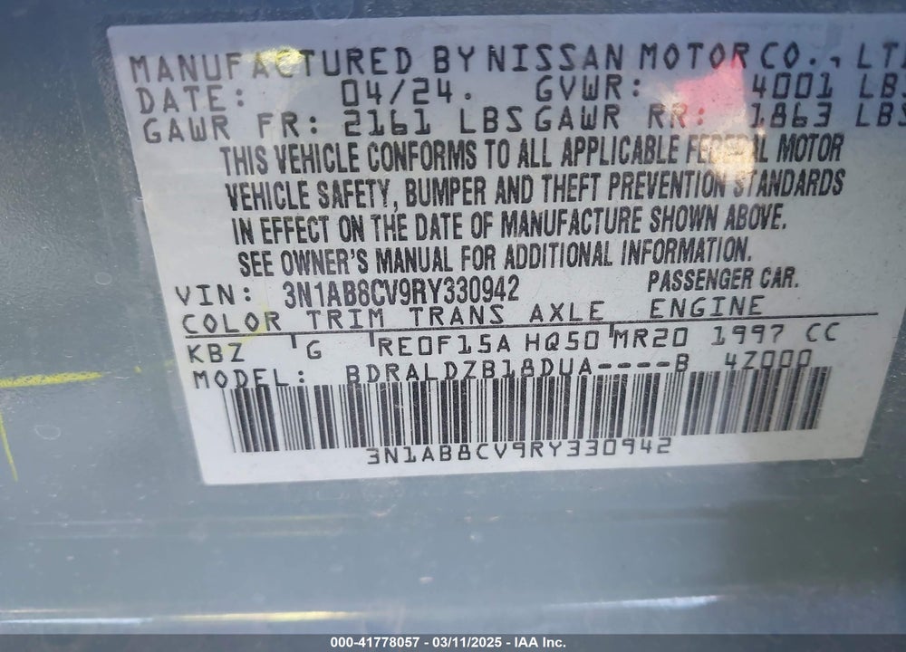 2024 NISSAN SENTRA VIN: 3N1AB8CV9RY330942