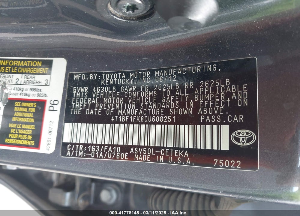 2012 TOYOTA CAMRY L VIN: 4T1BF1FK8CU608251