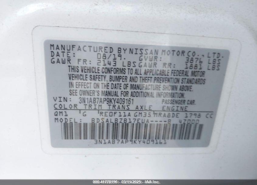 2019 NISSAN SENTRA VIN: 3N1AB7AP9KY409161