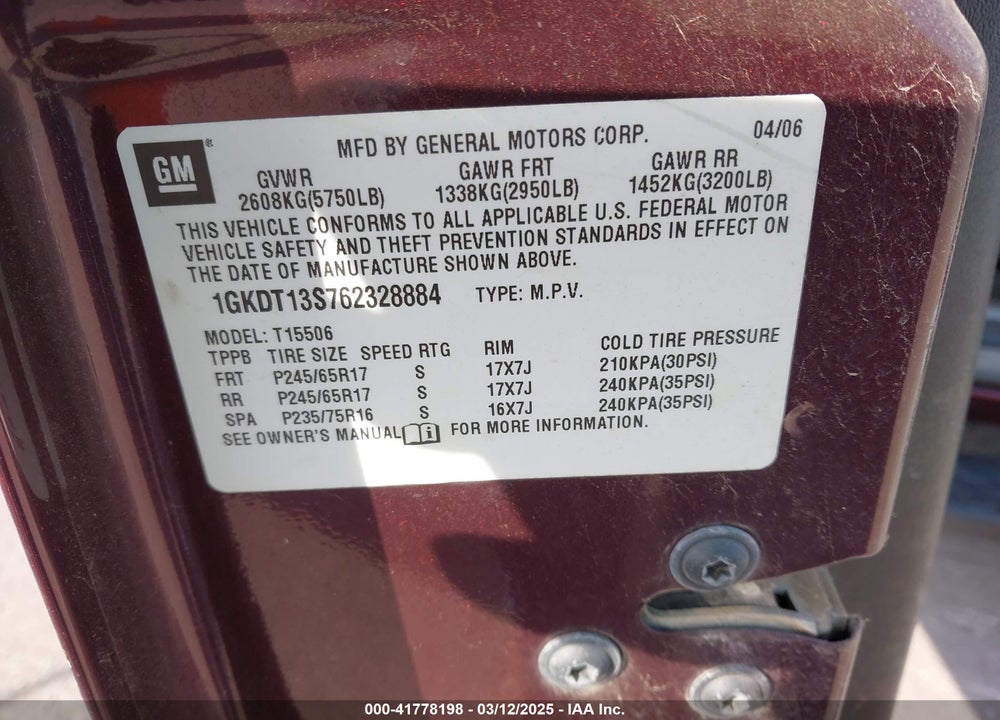 2006 GMC ENVOY VIN: 1GKDT13S762328884