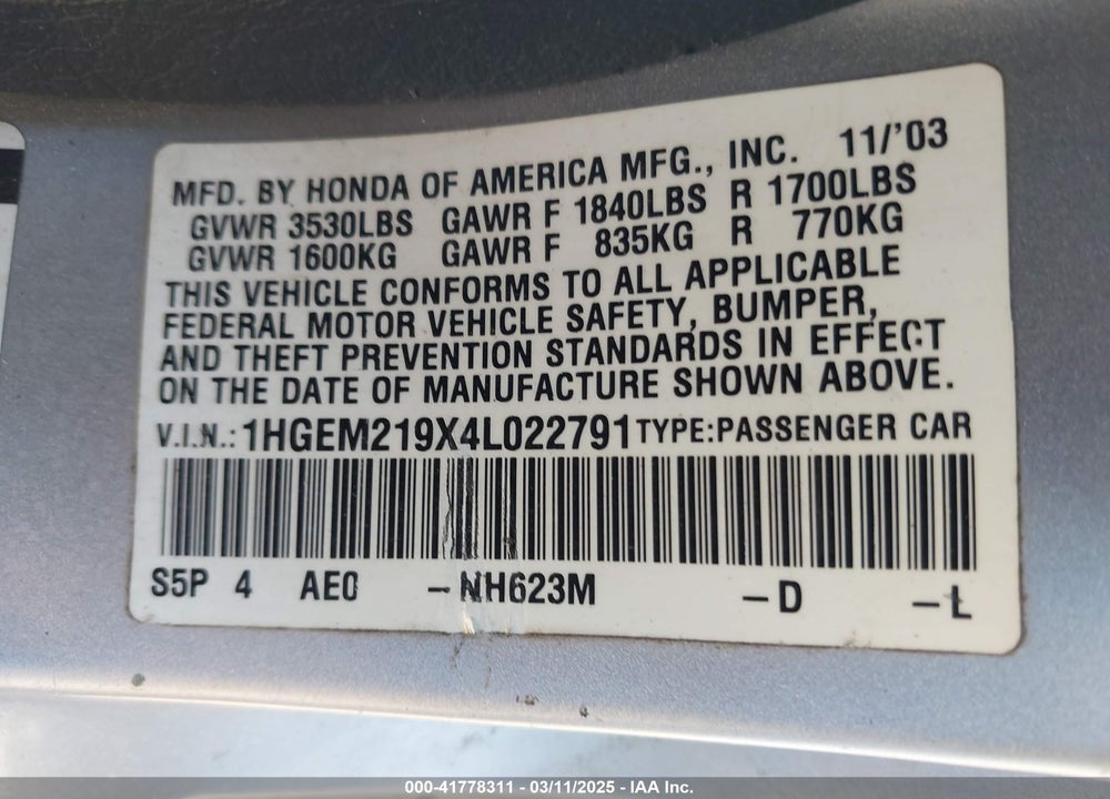 2004 HONDA CIVIC VIN: 1HGEM219X4L022791