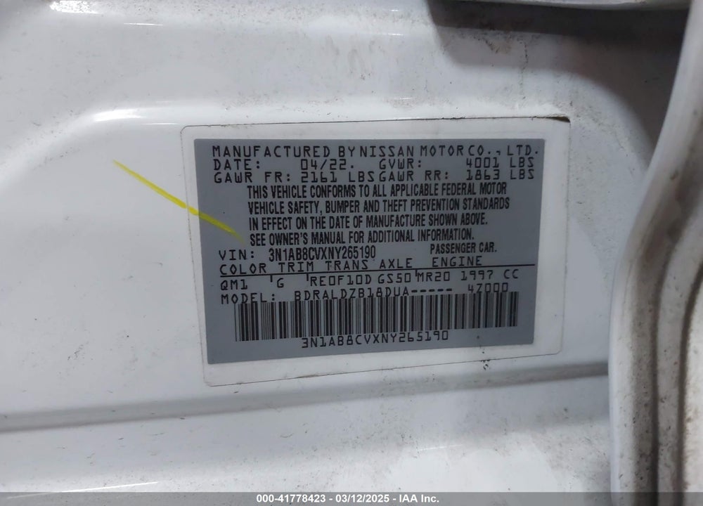 2022 NISSAN SENTRA VIN: 3N1AB8CVXNY265190