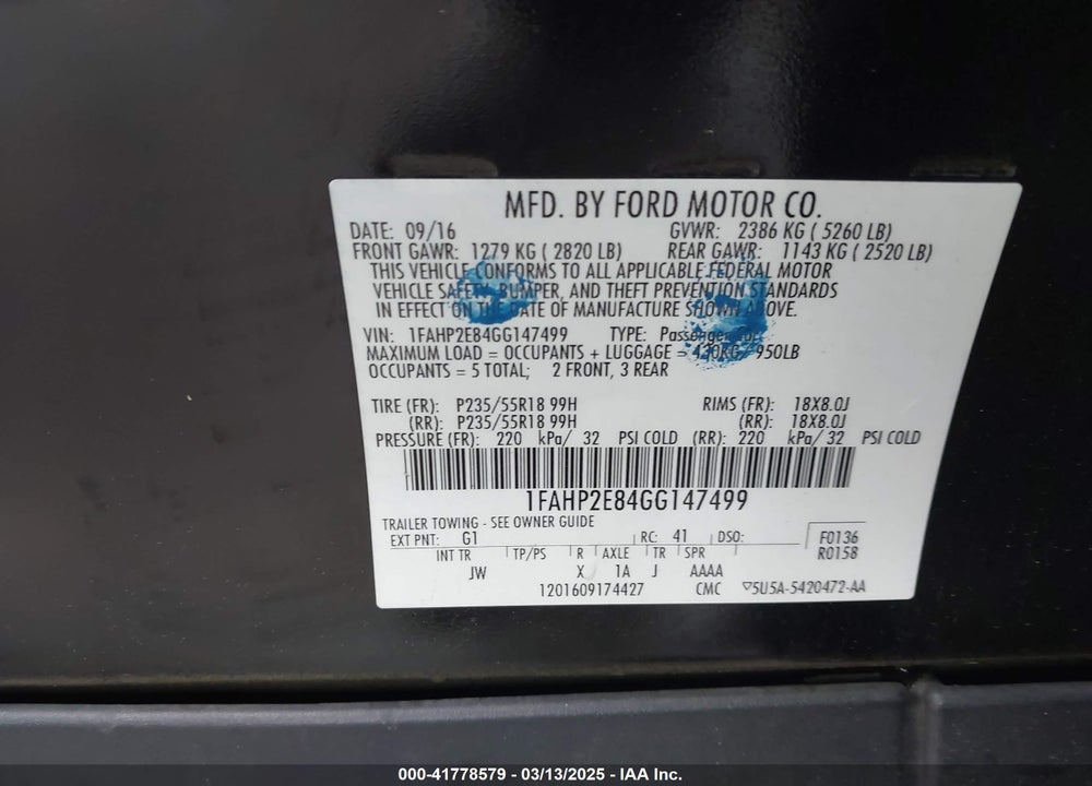 2016 FORD TAURUS VIN: 1FAHP2E84GG147499