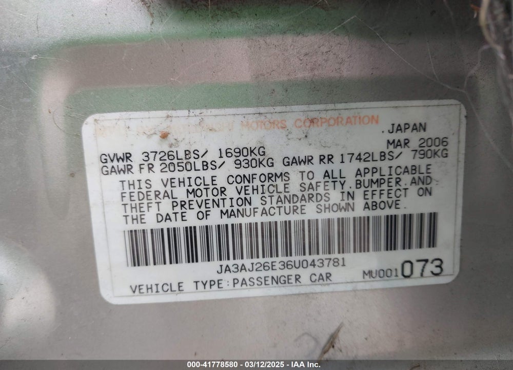 2006 MITSUBISHI LANCER VIN: JA3AJ26E36U043781