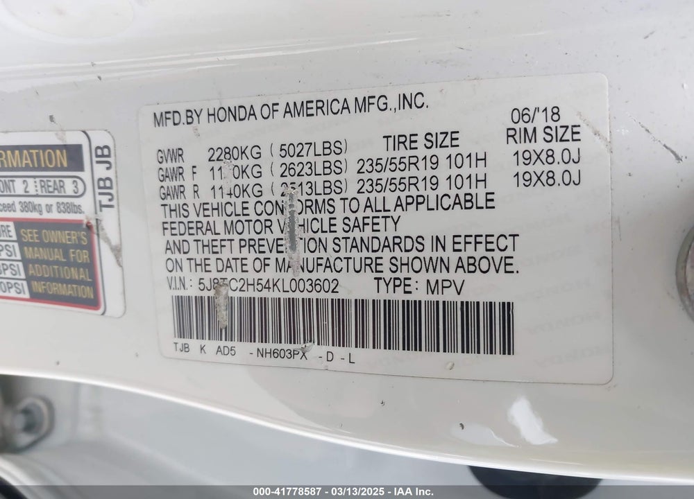 2019 ACURA RDX VIN: 5J8TC2H54KL003602