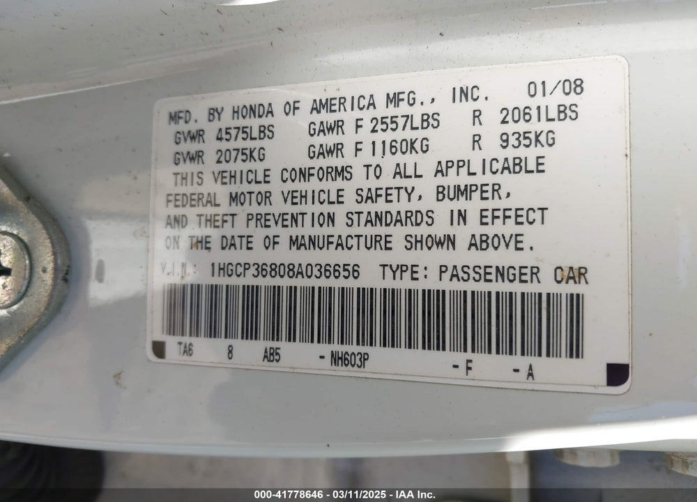 2008 HONDA ACCORD VIN: 1HGCP36808A036656