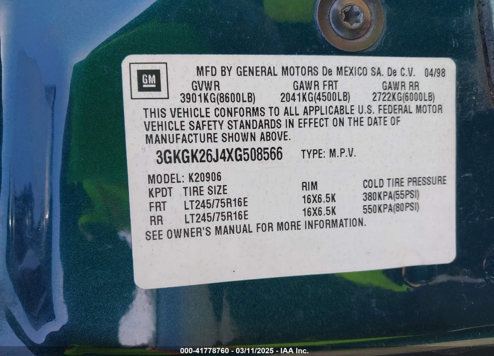 1999 GMC SUBURBAN 2500 VIN: 3GKGK26J4XG508566