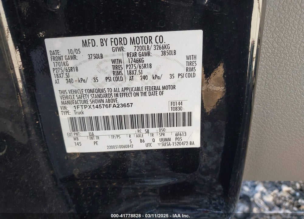 2006 FORD F-150 VIN: 1FTPX14576FA23657