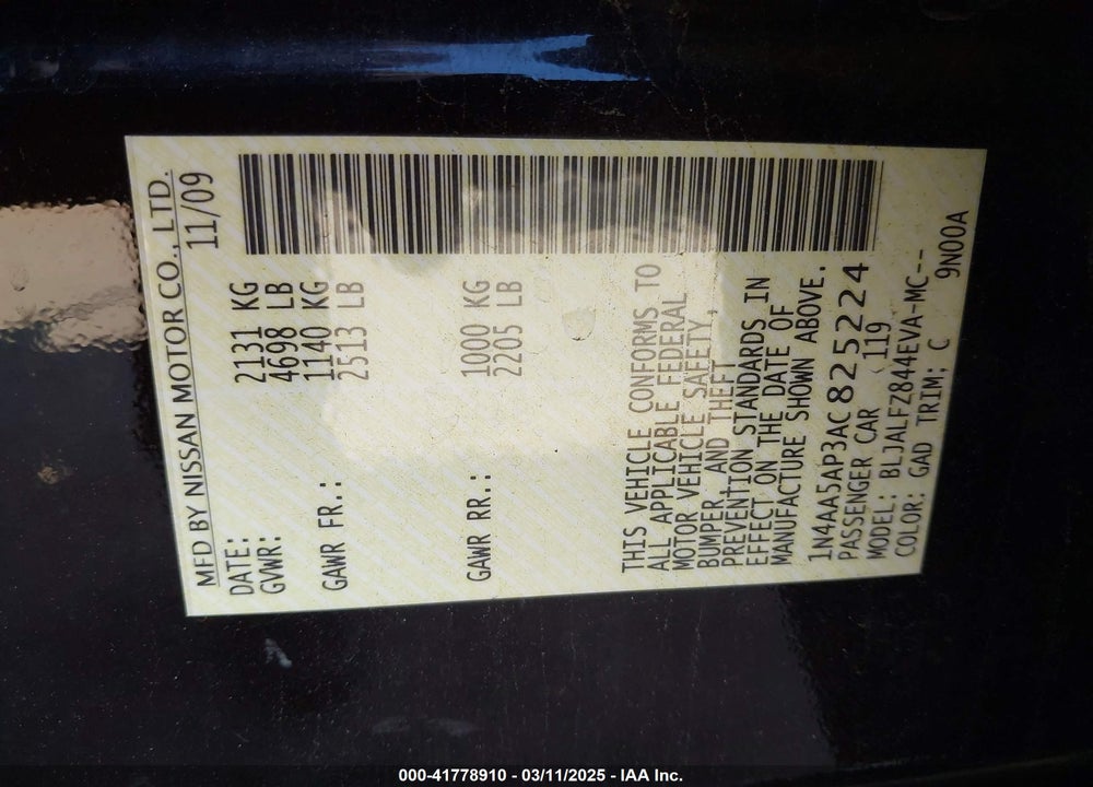 2010 NISSAN MAXIMA VIN: 1N4AA5AP3AC825224