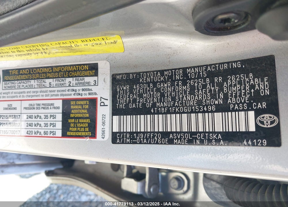 2016 TOYOTA CAMRY VIN: 4T1BF1FK0GU153496