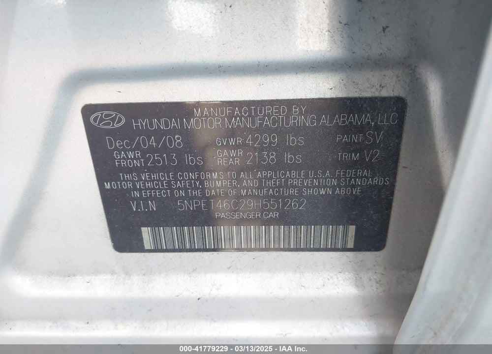 2009 HYUNDAI SONATA VIN: 5NPET46C29H551262