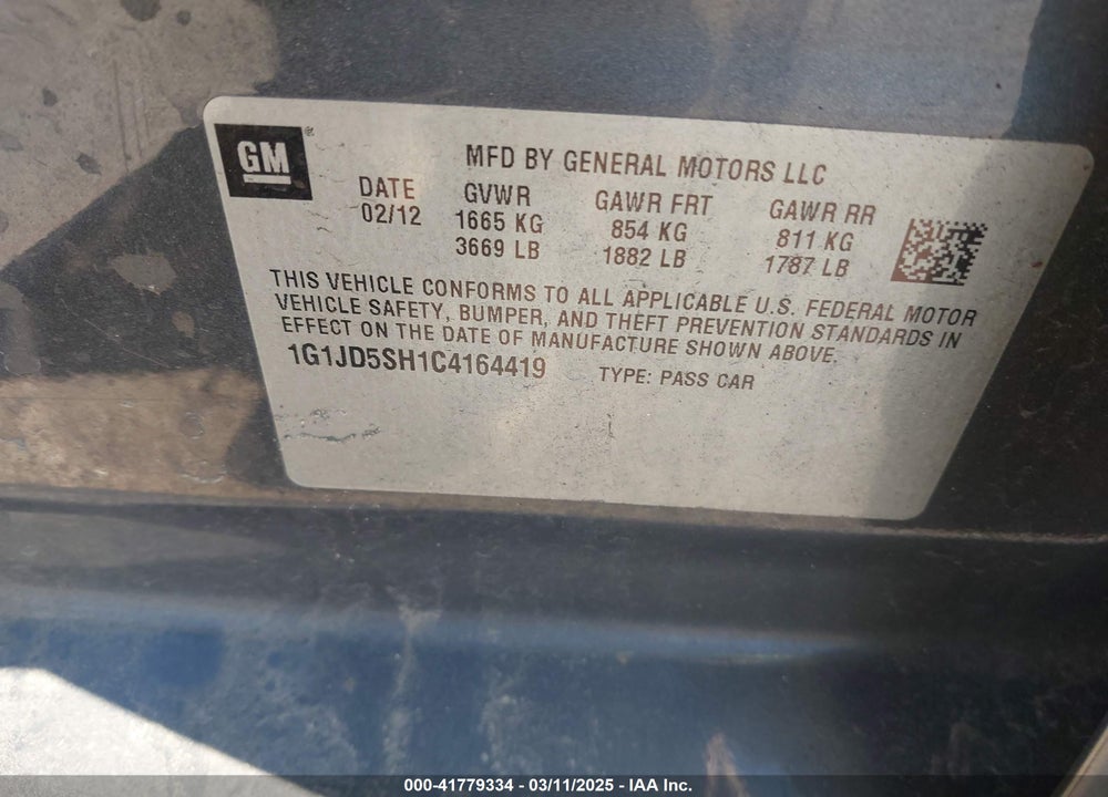 2012 CHEVROLET SONIC VIN: 1G1JD5SH1C4164419